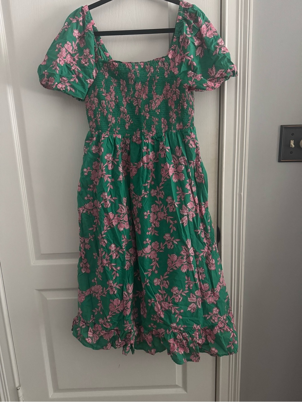 J. Crew Green Dress with Pink Floral Print and Puff Sleeves